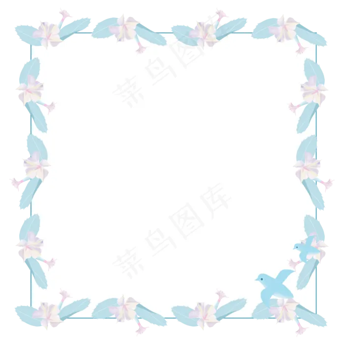 春夏浅蓝色正方形花鸟边框,免抠元素