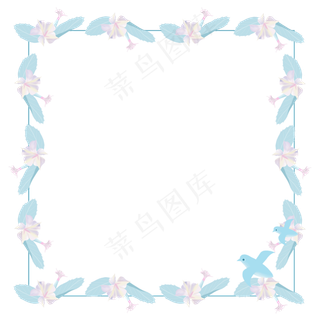 春夏浅蓝色正方形花鸟边框,免抠元素