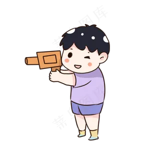 手绘卡通玩水枪的男孩