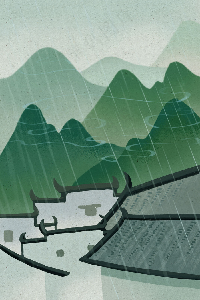 绿色系春天中国风清明节谷雨徽派建筑(3545X5315(DPI:300))psd模版下载