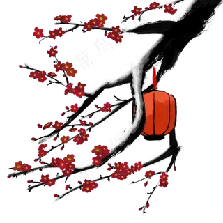 雪中梅枝挂灯笼,免抠元素