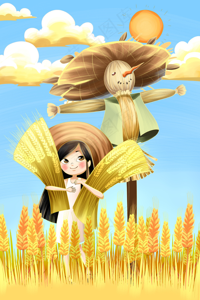 二十四节气秋分小女孩和稻草人手绘插画