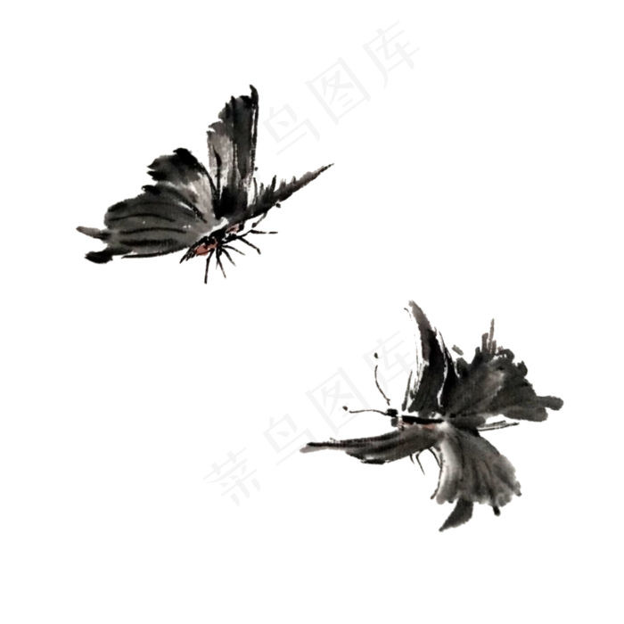 国画水墨墨蝶蝴蝶PNG,免抠元素(3000X3000(DPI:300))psd模版下载