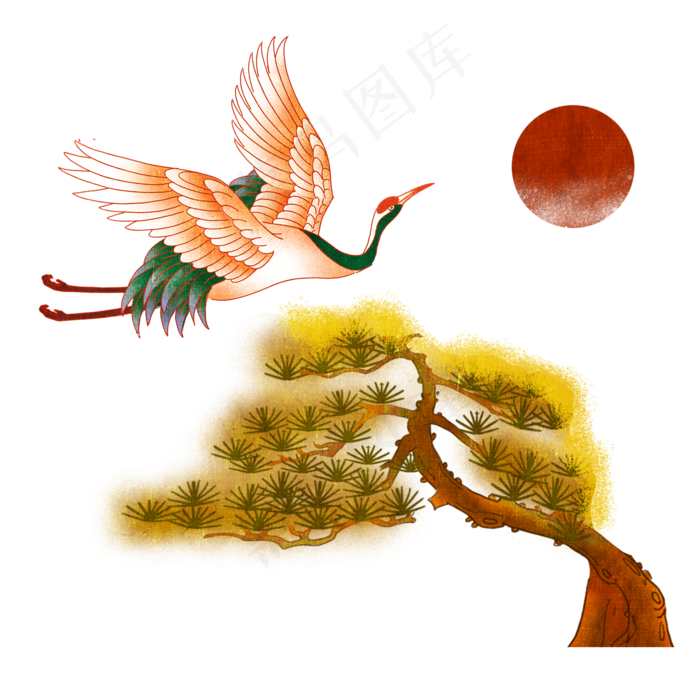 仙鹤松柏圆日素材