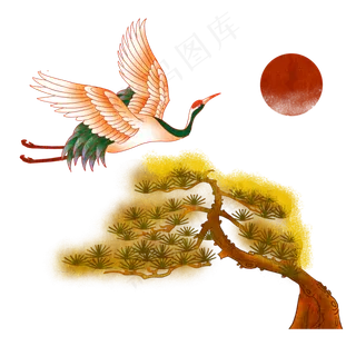 仙鹤松柏圆日素材