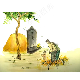 国画水墨上坟农历清明PNG春天一家,免抠元素