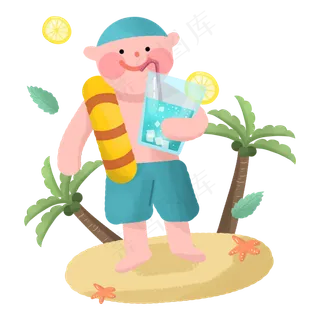 夏日夏天夏季男孩拿着游泳圈喝饮