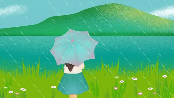 绿色春天小清新女孩雨天风景配图