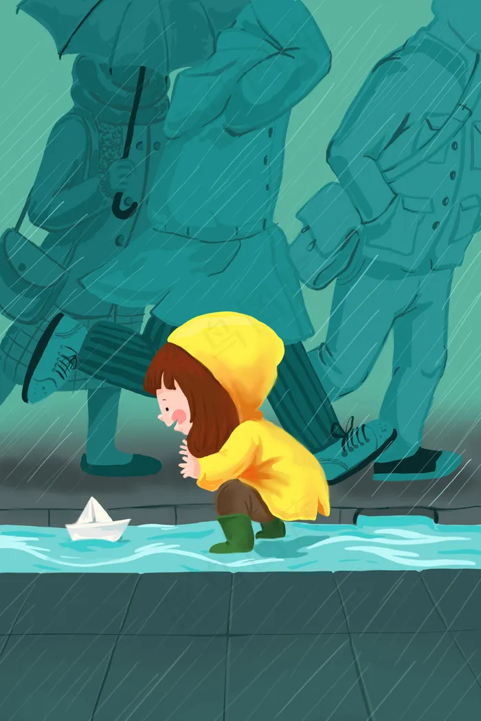 下雨天小女孩和纸船(3545X5315(DPI:300))psd模版下载