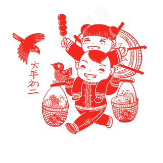 春节红色剪纸年俗年初二png,免抠元素