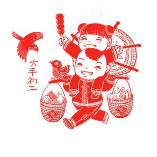 春节红色剪纸年俗年初二png,免抠元素