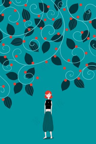 青色系卡通手绘风夏景配图