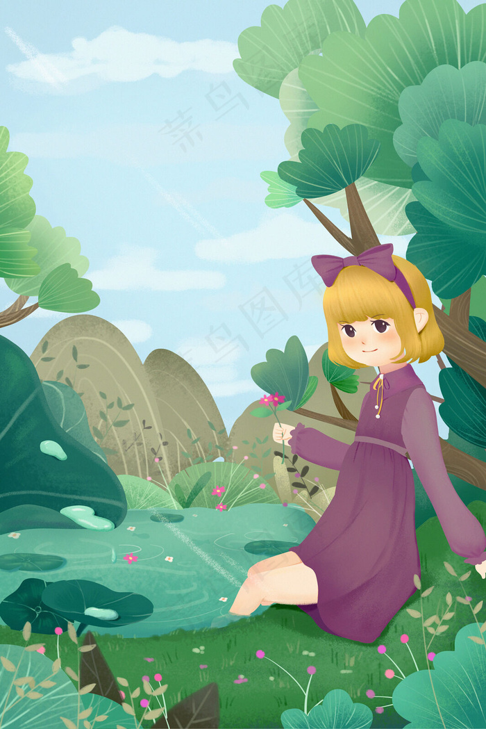 绿色春季春分女孩踏青