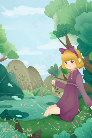 绿色春季春分女孩踏青