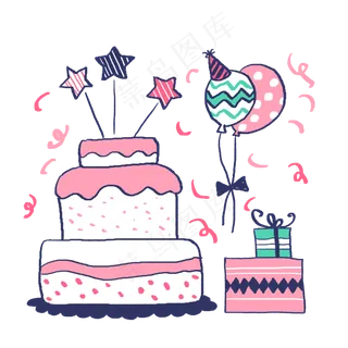 手绘粉色系生日蛋糕和礼盒PNG免抠