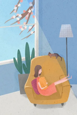 春日女孩和猫咪窗前困觉