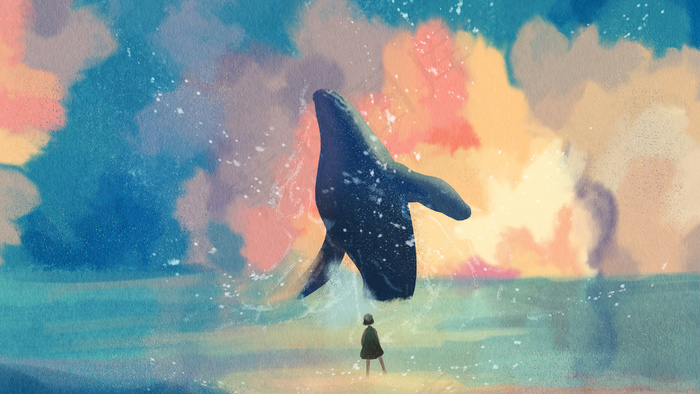 夏日天空女孩与鲸(2880*1620px 300 dpi )