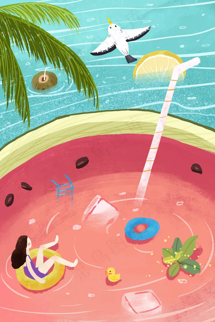 夏日水池中的西瓜泳池(1125X2436(DPI:72))psd模版下载