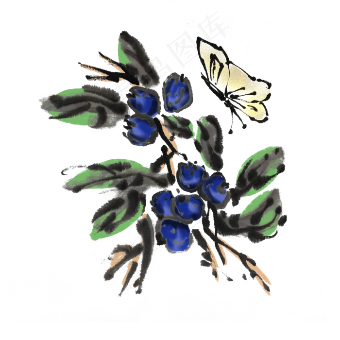 水墨中国风手绘蓝莓(4000X4000(DPI:300))psd模版下载
