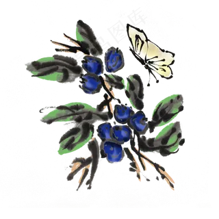 水墨中国风手绘蓝莓