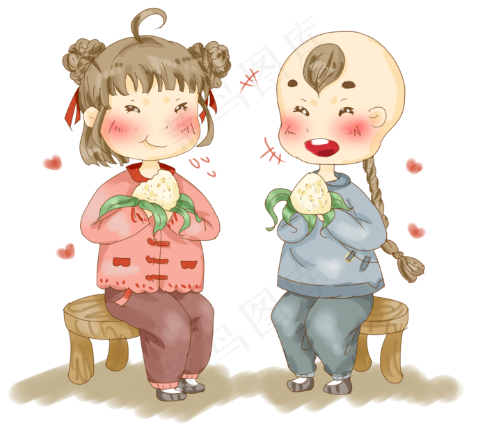 两个小孩开心吃粽子过端午节插画