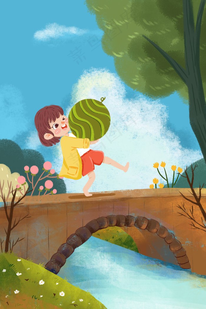 夏天女孩抱西瓜过桥