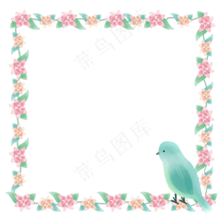春夏粉色绿色正方形花鸟边框,免抠元素