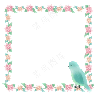 春夏粉色绿色正方形花鸟边框,免抠元素