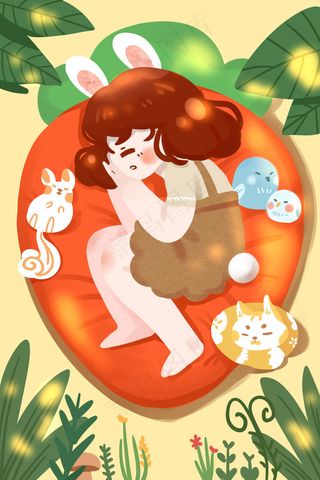 暖调春天卡通小清新春困兔子少女与动物配图