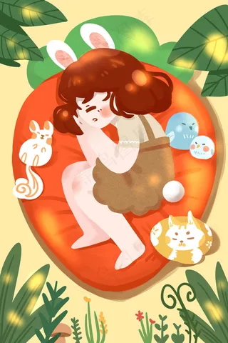 暖调春天卡通小清新春困兔子少女与动物配图