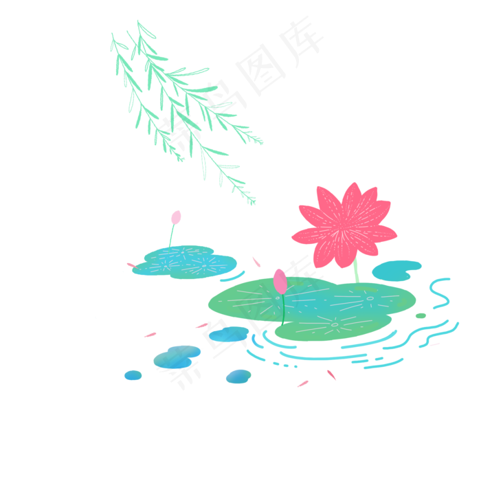 渐变荷花柳树石头流水小鱼