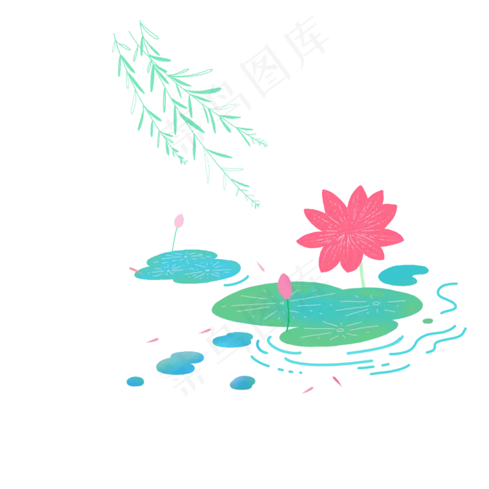 渐变荷花柳树石头流水小鱼(2000X2000(DPI:300))psd模版下载
