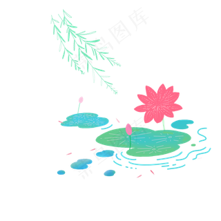 渐变荷花柳树石头流水小鱼