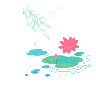 渐变荷花柳树石头流水小鱼