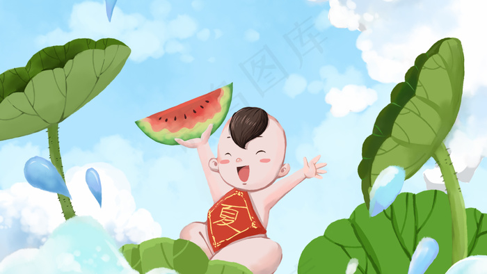 卡通手绘风立夏夏景西瓜男孩配图