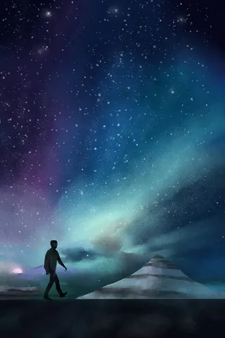 星空下的人独自在野外行走