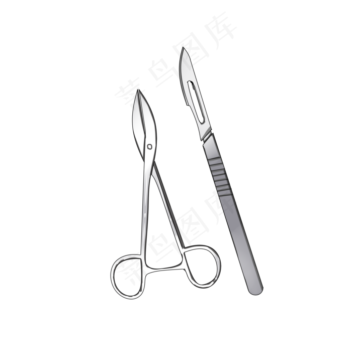 手术刀手术钳手绘插画,免抠元素