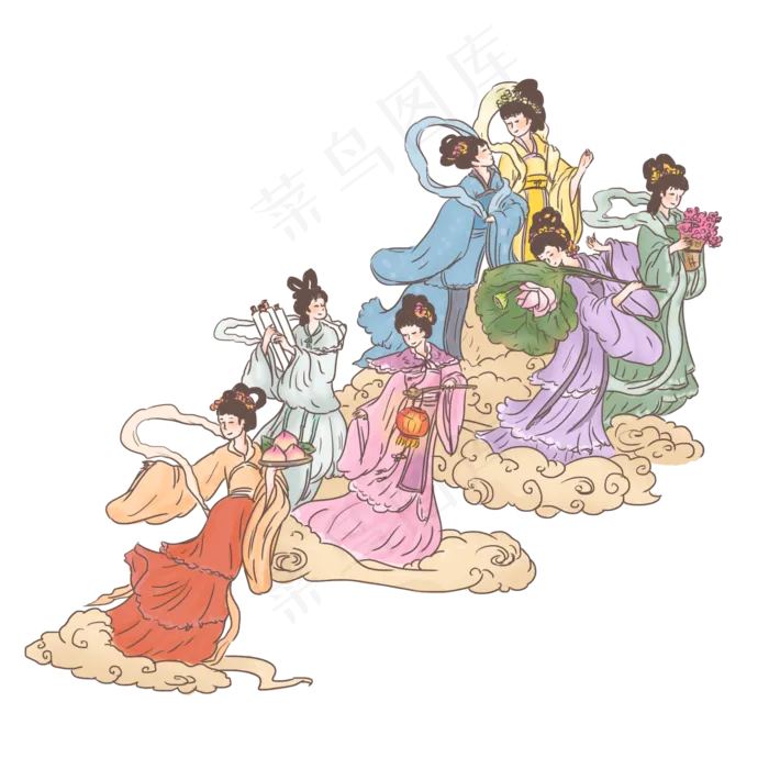 手绘中国神话传说七仙女,免抠元素(2000*2000px 300 dpi )psd模版下载