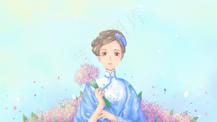 蓝色唯美卡通治愈旗袍少女创意民国风配图