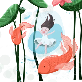 卡通小女孩在游泳