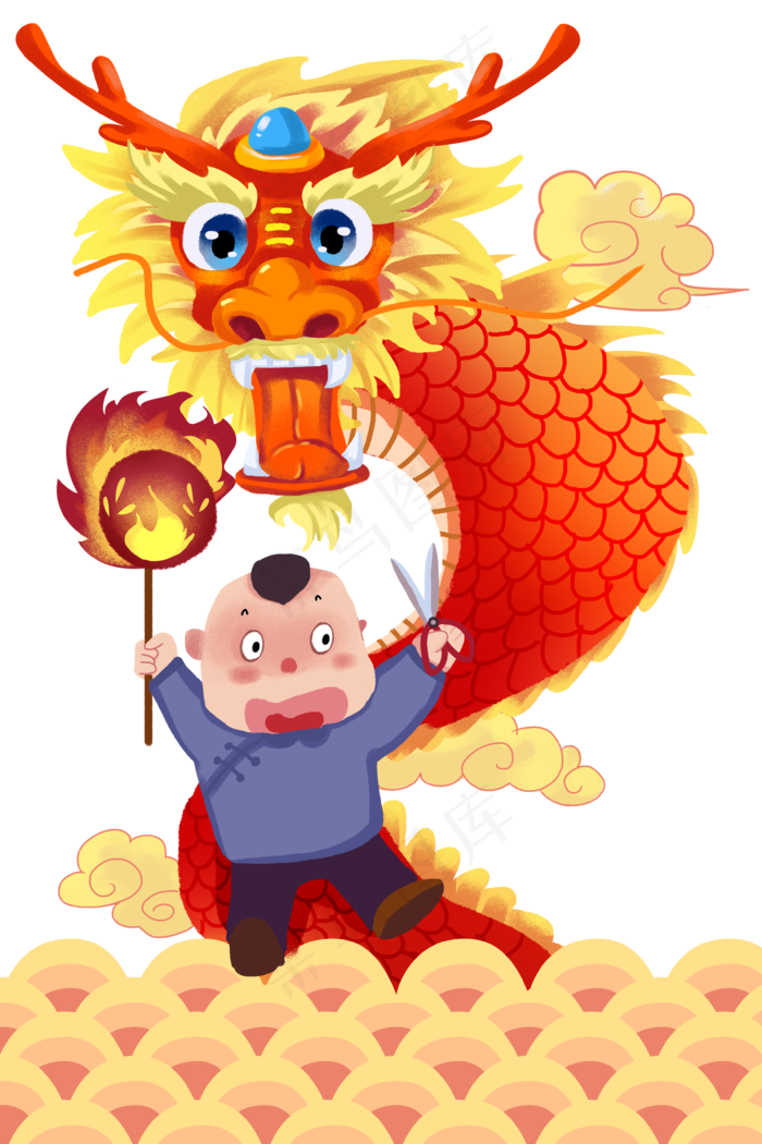 龙抬头人物和龙插画,免抠元素