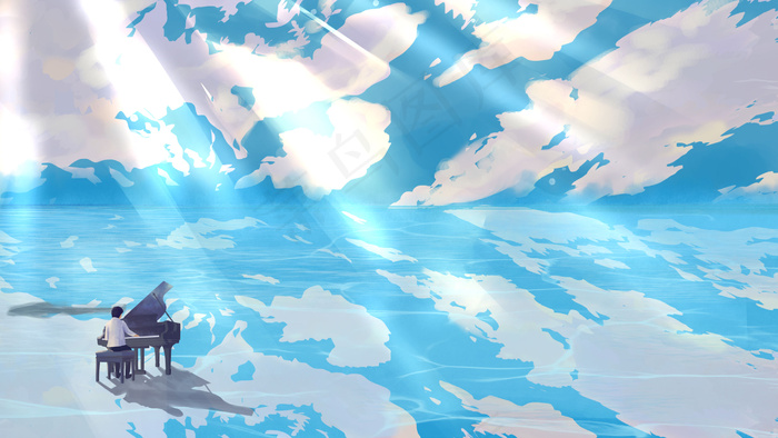 日系唯美治愈弹钢琴阳光春天夏至蓝天白云(2880*1620px 300 dpi )