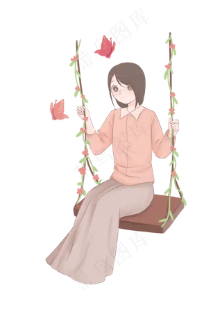 春分荡秋千的小女孩,免抠元素