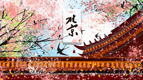 中国风唯美樱花手绘江南燕子建筑春天古风