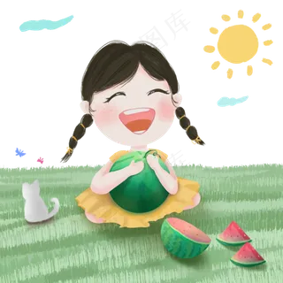 草地上抱西瓜的可爱女孩