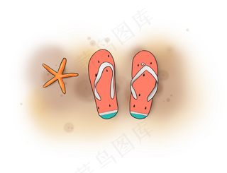 手绘海边沙滩上的拖鞋