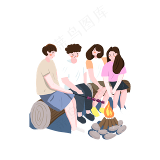 卡通男孩女孩在露营