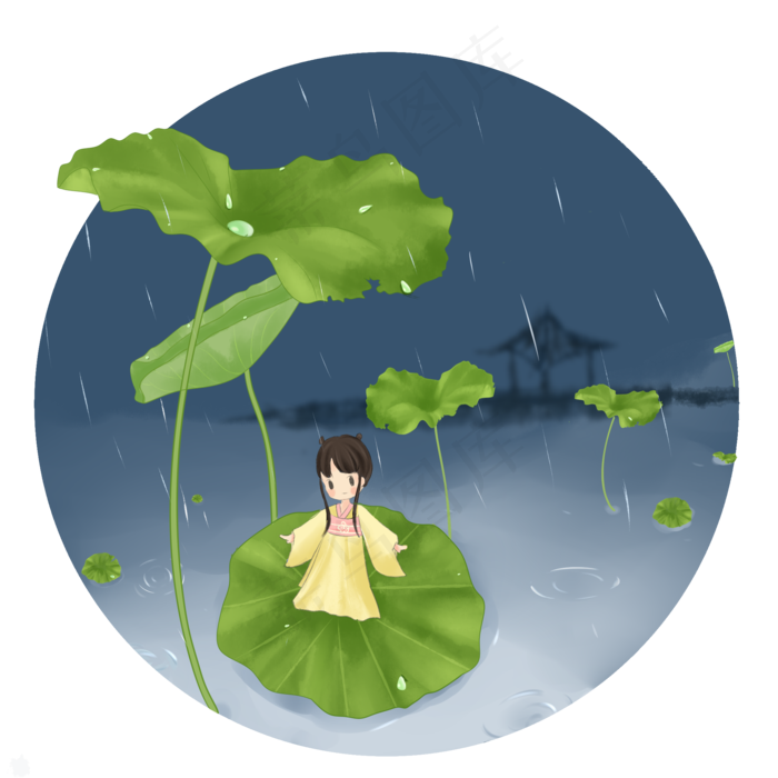 雨水节气中国风荷叶古风小女孩,免抠元素