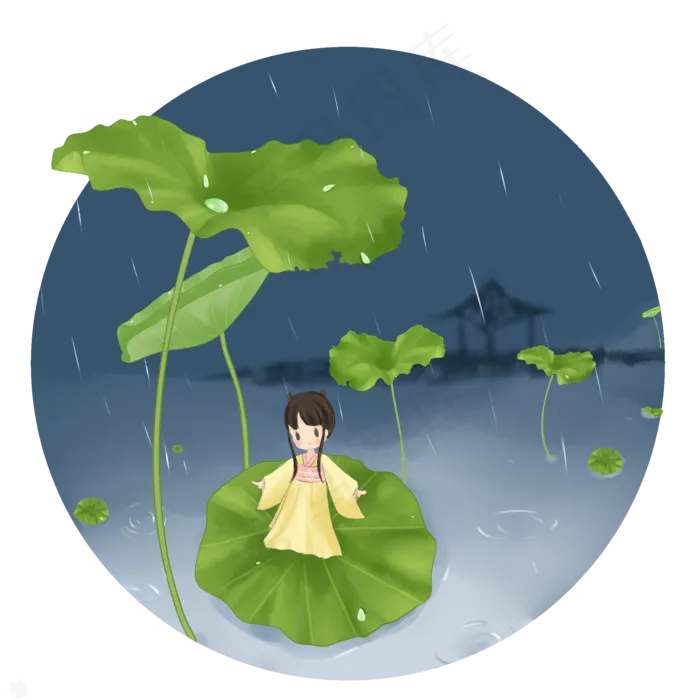 雨水节气中国风荷叶古风小女孩,免抠元素(2050X2050(DPI:299))psd模版下载