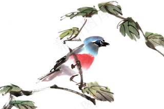 小鸟枝头水墨画PNG免抠素材